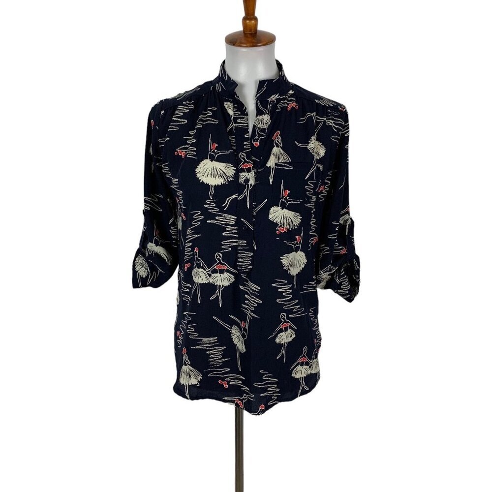 Cals‎ Blouse XS Navy Floral 34 Sleeve Button Down Lightweight Boho Chic